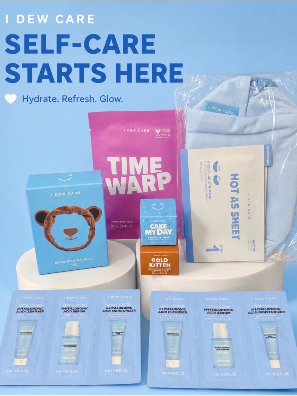 I Dew Care 8 Pc Skincare Self Care Bundle Masks Hyaluronic Acid Headband NEW